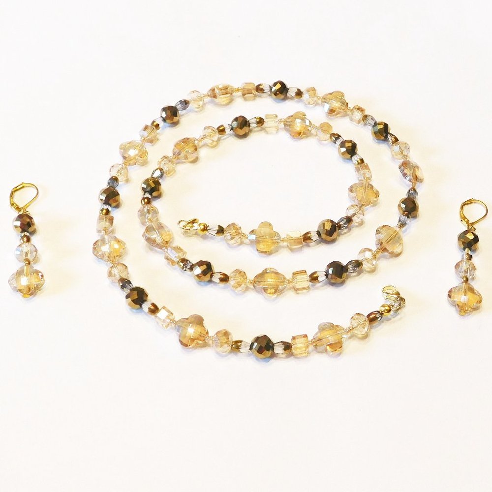 Handmade Brown & Gold Glass Beaded Necklace & Matching Earrings